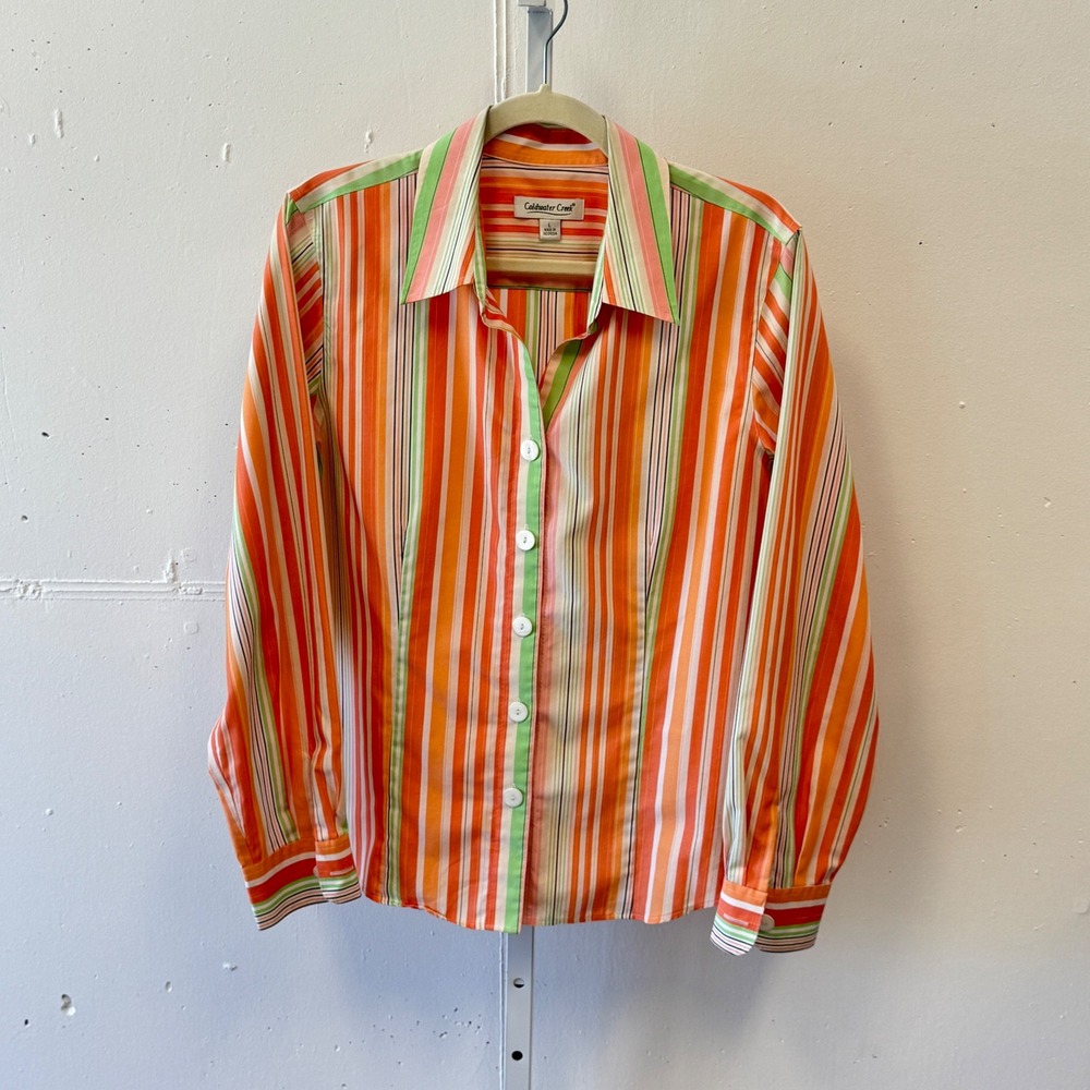 Y2K Coldwater Creek Large Orange Green Striped Cotton‎ Button Down Shirt H33599